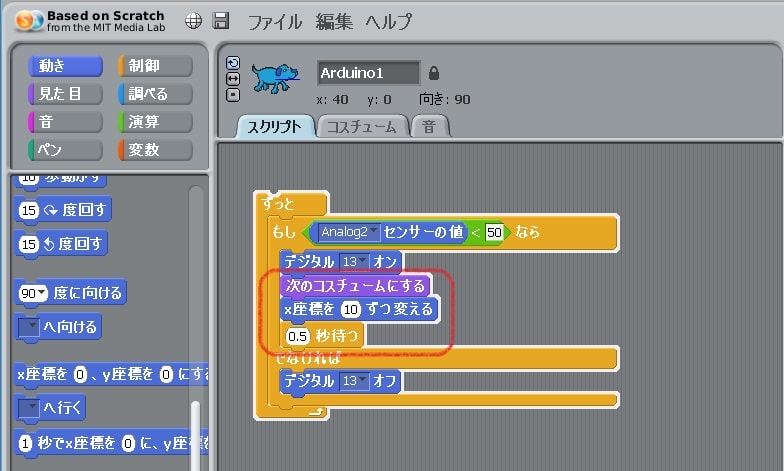 GR-ADZUKI Scratch S4A LEDスクリプトタブ