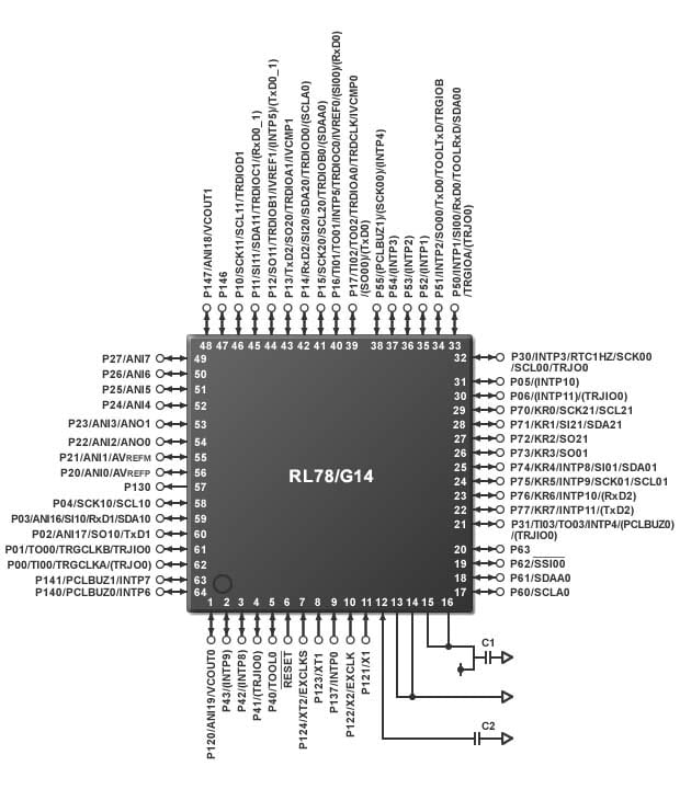 図2:「RL78ファミリ(RL78/G13)」(20ピン)の電源回路例