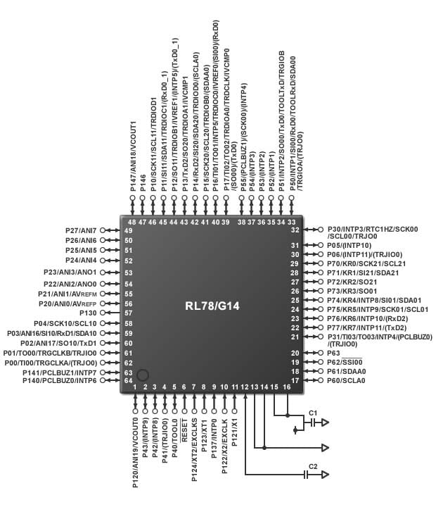 Figure 2: Power Circuitry of a 64-Pin RL78 Family (RL78/G14) MCU