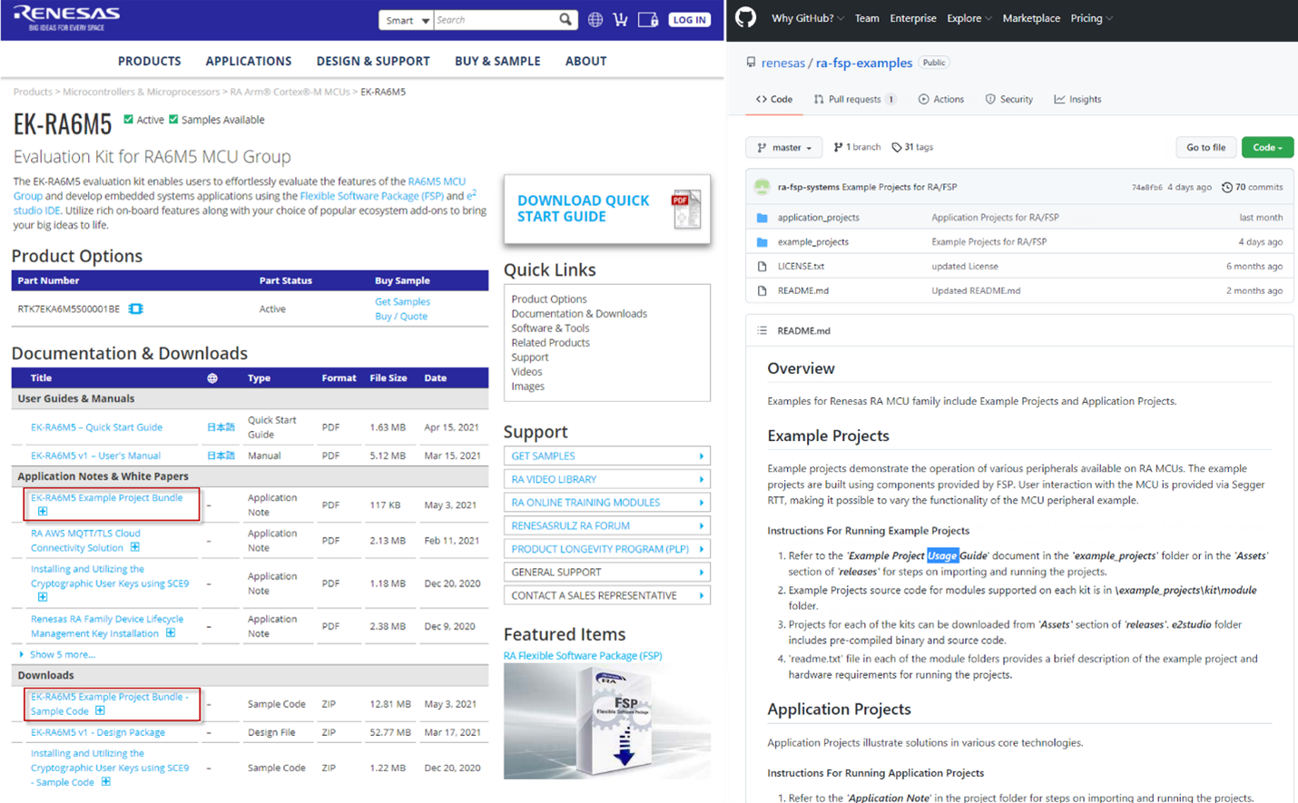 Example projects distribution on renesas.com and GitHub