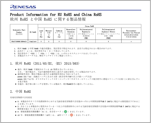 RenS様　ご確認用ページ RoHS簡易証明書(製品別)マニュアル | Renesas ルネサス