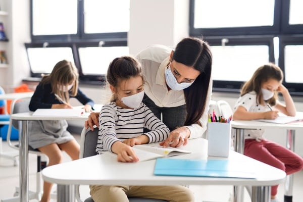 Teacher with elementary school students in classroom