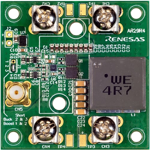 EVB-RTP100E005G1FL 48V to 12V Synchronous Buck Evaluation Platform Photo of the EVB-RTP100E005G1FL 48V to 12V synchronous buck evaluation platform.