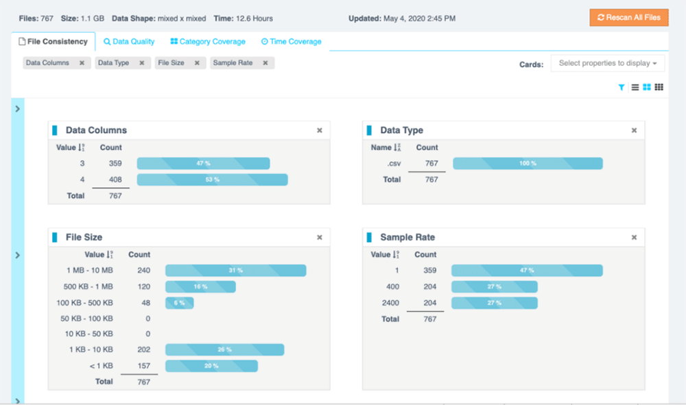 Screenshot showing file consistency view in Reality AI Tools.