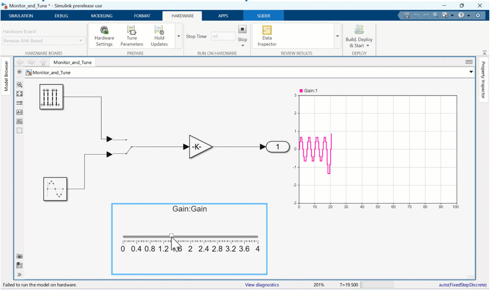 Screenshot of a gain parameter adjustment and simulation demonstration in Simulink.