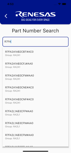 MCU Guide App: Part Number Search input dialog and result overview table