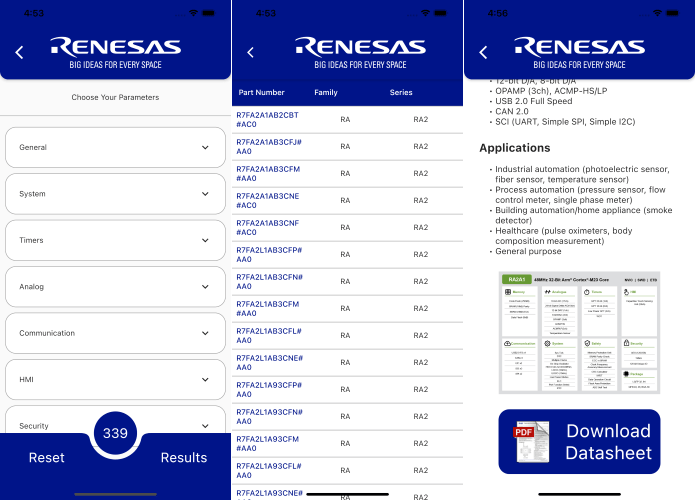 MCU Guide App: Parametric search input dialog, result overview table, and product page