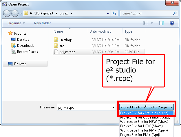 Select "Project File for e² studio (*.rcpc)"