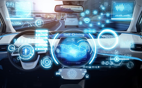 Inside an advanced car with hologram on the front window