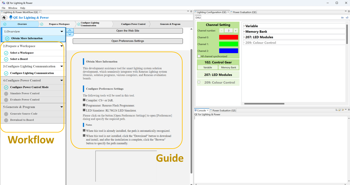 QE for Lighting & Power software tool interface with workflow, guide, and channel settings panels.