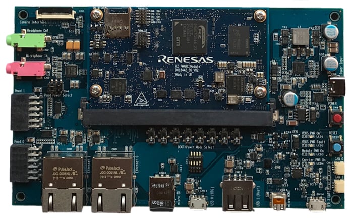 Photo of the RZ/G2L-EVKIT's common carrier board and RZ/G2L module board.