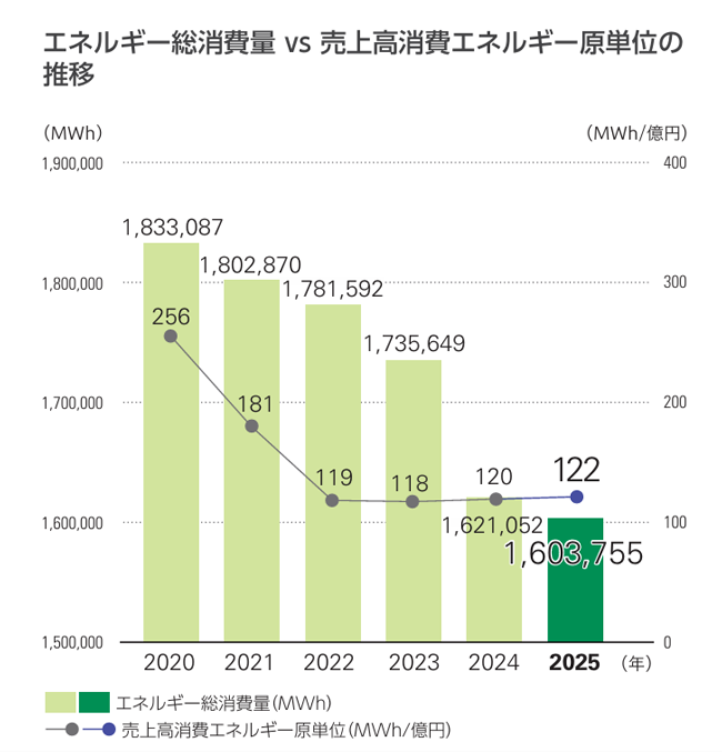 Japanese translated version of the chart showing the total amount of energy consumed vs. consumption per revenue from 2020 through 2025.