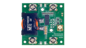 Top view of the EVB-RTP100E2P6G1FL evaluation board showing the RTP100E2P6G1FL GaN FET, onboard components, test points, and input/output connection terminals