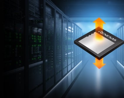 Homepage Banner showcasing Renesas' DSC 8x8 GaN chip placed on a datacenter technological background.