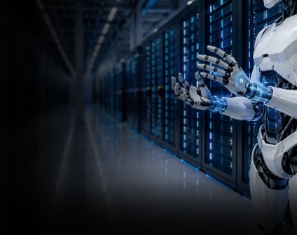 Homepage banner featuring a humanoid robot with a data center server room background.