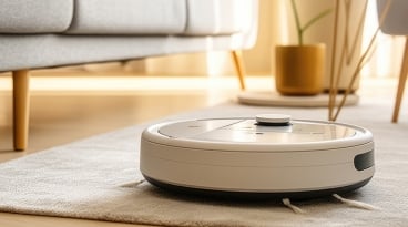 A robot vacuum cleaner working on a carpet in a new living room