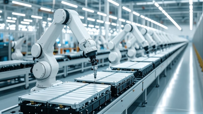 A modern factory floor with a row of white robotic arms working on a conveyor belt.