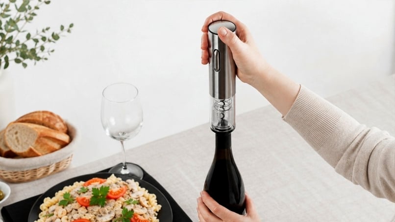 Hand openining a bottle of wine with an electric corkscrew.