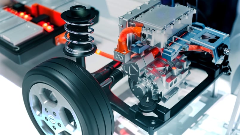 EV car body showing wiring motor suspension.