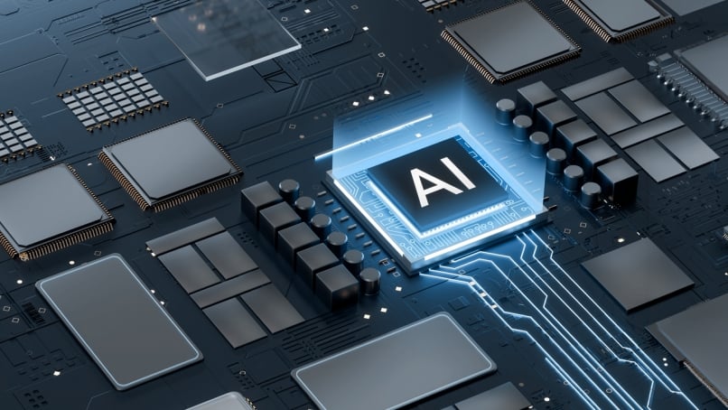 illustration featuring artificial intelligence chip on high-tech motherboard depicting digital transformation and innovation concepts.