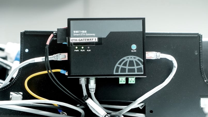 Close-up view of a smart gateway device for network communication.