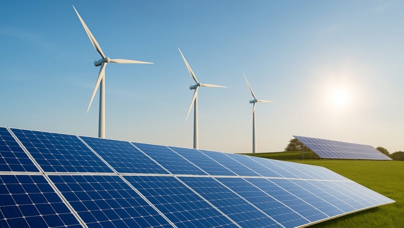 Wind turbines and solar panels on a field at sunset.