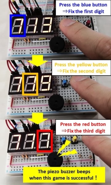 The piezo buzzer mounted on the Breadboard will beep when the player aligns the numbers