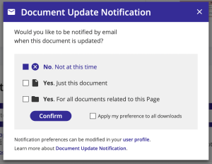 Document Update Notification popup selection