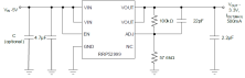 Typical application circuit for the RRP52999 negative LDO showing input supply, output capacitor, feedback resistors, and enable pin connections.