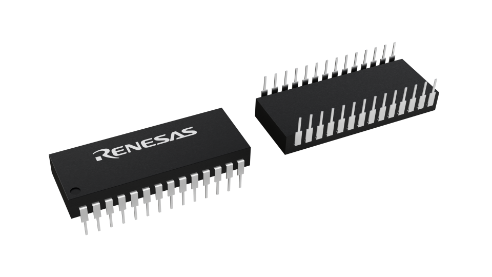 3D illustration featuring top and bottom views of CERDIP IC chip package with 28 lead count