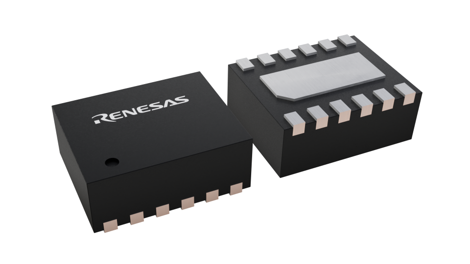 3D illustration featuring top and bottom views of DFN IC chip package with 12 lead count