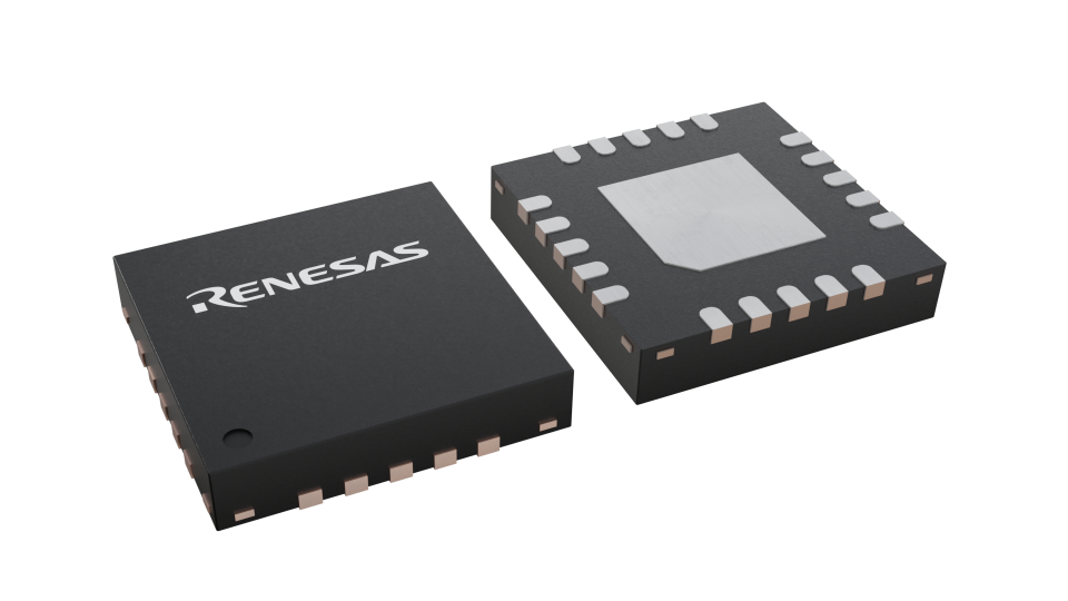 3D illustration featuring top and bottom views of HWQFN IC chip package with 20 lead count.