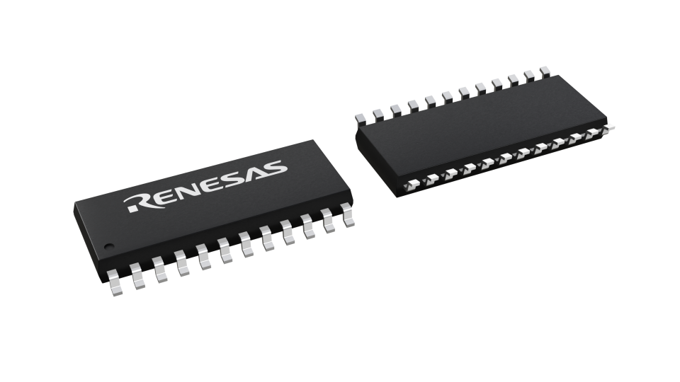 3D illustration featuring top and bottom views of SOIC chip package with 24 lead count.