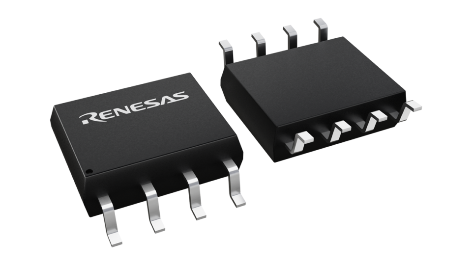 3D illustration featuring top and bottom views of SOIC chip package with 8 lead count.
