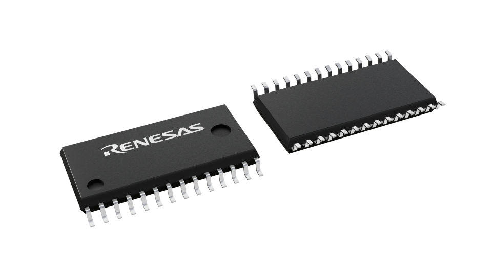 3D illustration featuring top and bottom views of SOP chip package with 28 lead count.