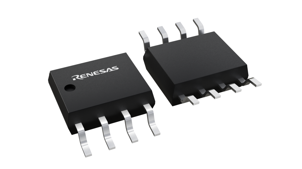 3D illustration featuring top and bottom views of SOP chip package with 8 lead count.