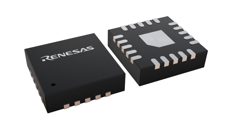 3D illustration featuring top and bottom views of VFQFPN IC chip package with 20 lead count.