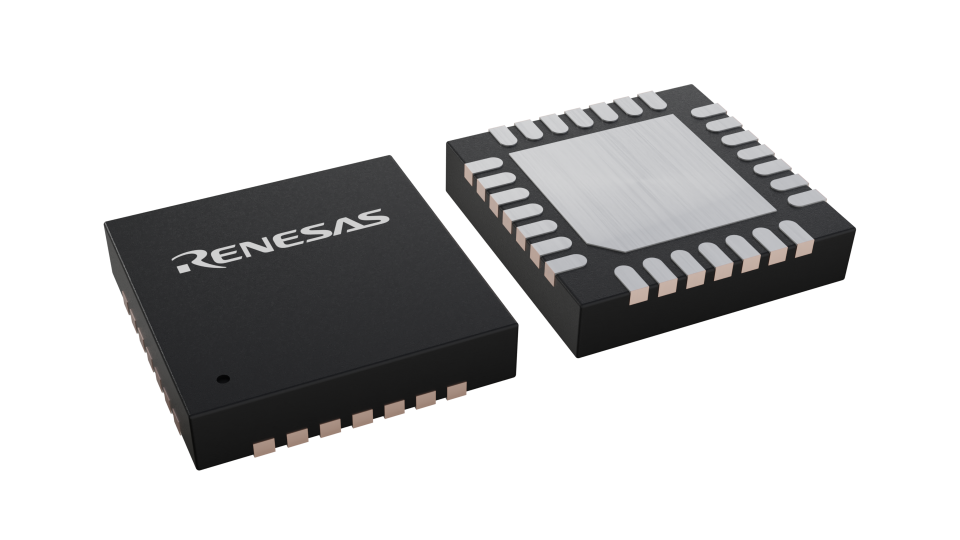 3D illustration featuring top and bottom views of VFQFPN IC chip package with 28 lead count.
