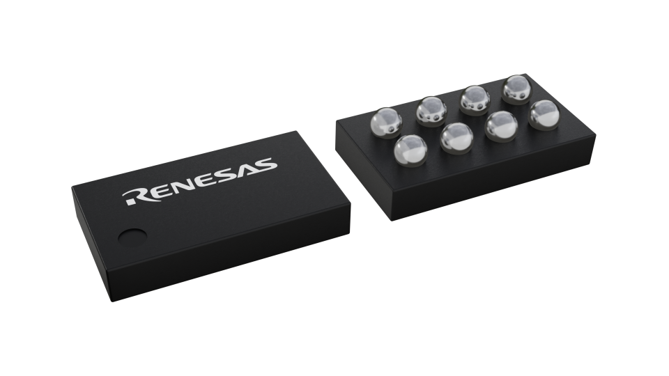 3D illustration featuring top and bottom views of WLCSP-BP IC chip package with 8 lead count.