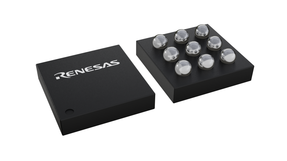 3D illustration featuring top and bottom views of WLCSP-BP IC chip package with 9 lead count.