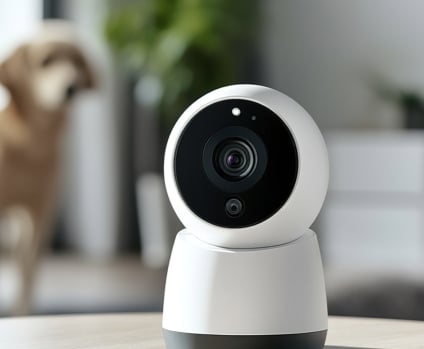 Indoor camera monitoring living space and pet dog