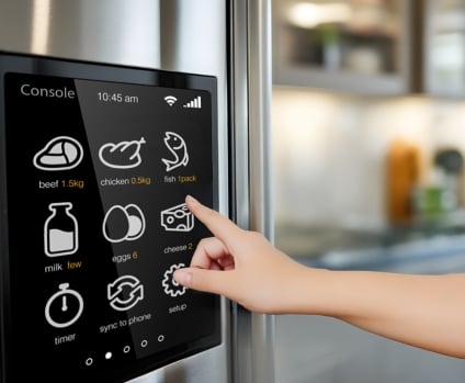 Person's finger touching refrigerator door's touchscreen console in the kitchen