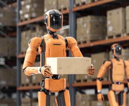 Humanoid robots working at a distribution center.