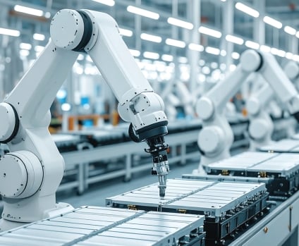 A modern factory floor with a row of white robotic arms working on a conveyor belt.