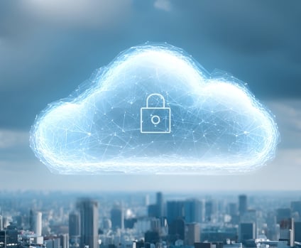 Secure cloud illustration covering smart city with network connections and data storage.