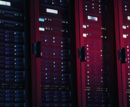 Data center with multiple rows of fully operational server racks