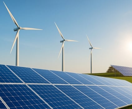 Wind turbines and solar panels on a field at sunset.