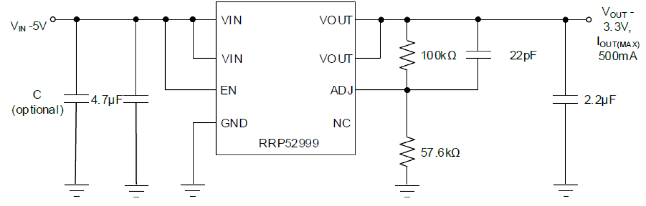Typical application circuit for the RRP52999 negative LDO showing input supply, output capacitor, feedback resistors, and enable pin connections.