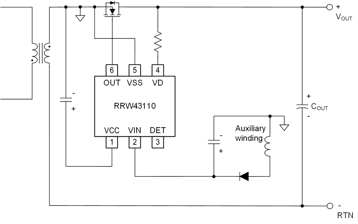 Diagram showing the RRW43110 used as a high-side synchronous rectification power switch for applications with VDS less than 145V. The circuit includes an auxiliary winding that provides the charging path, highlighting gate drive, current flow, and the SR control loop.