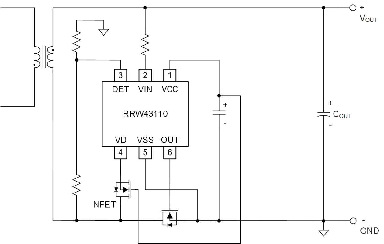 Diagram showing the RRW43110 operating as a low-side synchronous rectification power switch for applications where VDS exceeds 145V. The design uses direct VIN LDO charging, with emphasis on the gate drive path, switching node behavior, and SR control timing.